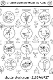 Ecological black and white dice board game for children with endangered animals and plants. Earth day line boardgame. Printable activity or worksheet. Eco awareness coloring page
