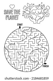 Ecological black and white geometric maze for children shaped as a planet. Earth day preschool activity. Eco awareness labyrinth game, puzzle. Nature or world protection printable coloring page
