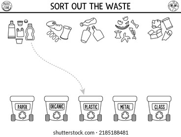 Ecological black and white matching activity with waste sorting concept. Earth day puzzle. Printable worksheet or game. Sort out the waste. Eco awareness coloring page for kids
