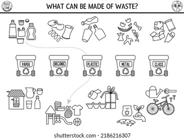 Ecological black and white matching activity with waste sorting concept. Earth day puzzle. Printable worksheet or game. Sort out garbage. Eco awareness coloring page for kids with rubbish bins
