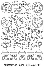 Ecological black and white maze for children with kid sorting out the rubbish. Earth day preschool activity. Eco awareness labyrinth game. Nature protection printable coloring page
