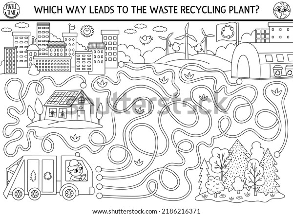 Ecological black and white maze for kids with\
garbage truck going to waste recycling plant. Earth day preschool\
line activity. Eco awareness or zero waste labyrinth game or\
coloring page\
