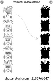 Ecological black and white shadow matching activity with waste sorting concept. Earth day puzzle. Find correct silhouette printable worksheet or game. Eco awareness coloring page for kids
