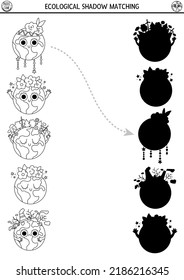 Ecological Black And White Shadow Matching Activity With Cute Planets. Earth Day Puzzle. Find Correct Silhouette Printable Worksheet Or Game. Eco Awareness Coloring Page For Kids 
