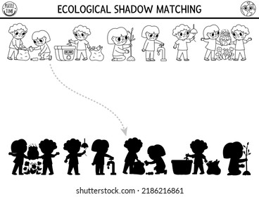 Ecological black and white shadow matching activity with kids caring of environment. Earth day puzzle. Find correct silhouette printable worksheet or game. Eco awareness coloring page for kids
