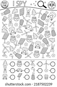 Ecological Black And White I Spy Game For Preschool Kids. Searching And Counting Activity With Solar Panel, Wind Turbine. Earth Day Line Printable Worksheet. Simple Eco Awareness Coloring Page
