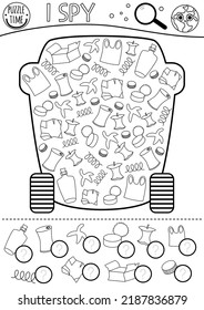 Juego de espionaje ecológico blanco y negro para niños de preescolar. Buscar y contar la actividad con basura y basureros. Hoja de cálculo imprimible de la línea del día de la Tierra. Página de clasificación de color cero simple
