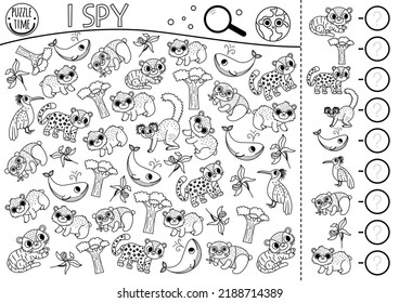 Ecological black and white I spy game for kids. Searching and counting activity with extinct animals. Earth day line printable worksheet. Eco awareness coloring page with endangered animals
