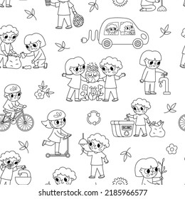 Ecological black and white vector seamless pattern with children. Cute eco friendly repeat background. Boys and girls saving water, energy, caring of environment. Earth day coloring page
