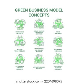 Ecological business model green concept icons set. Eco-friendly manufacturing idea thin line color illustrations. Isolated symbols. Editable stroke. Roboto-Medium, Myriad Pro-Bold fonts used