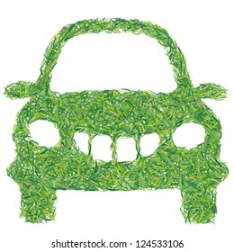 Ecological car, blades of grass, funny vector illustration.