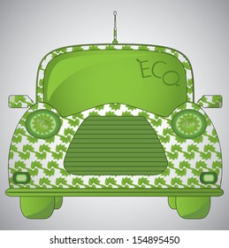 Ecological car design isolated. Abstract green energy concept with leaf pattern. Creative easy to edit vector car illustration with lamp, antenna, mirror and tire.