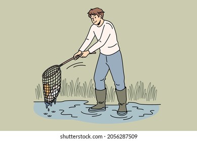 Ecological care and environment concept. Young smiling man cartoon character standing with net collecting trash garbage from water alone vector illustration 