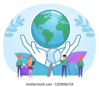 Ecological care, protection of earth. Small people stand near big hands holding earth globe. Poster for social media, banner, web page, presentation. Flat design vector illustration