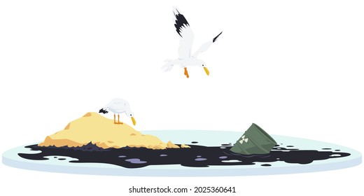 Ecological catastrophe. Environmental pollution. Seagulls fly over spilled oil. Illustration concept for mobile website and internet development.