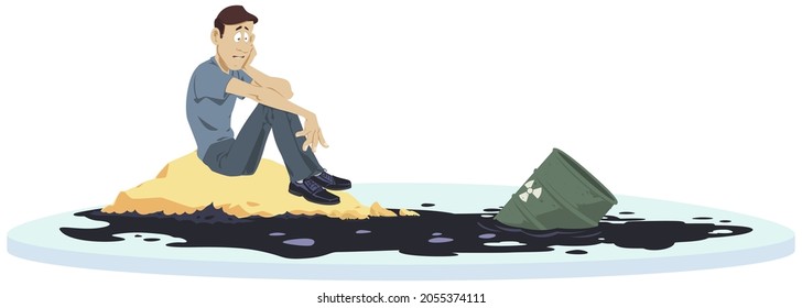 Ecological catastrophe. Environmental pollution. Spilled oil. Sad man. Illustration concept for mobile website and internet development.