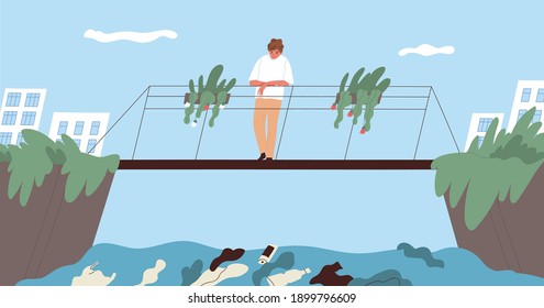 Ecological catastrophe and water contamination concept. Young man standing on bridge in city park and watching at dirty polluted water full of plastic garbage. Flat vector illustration