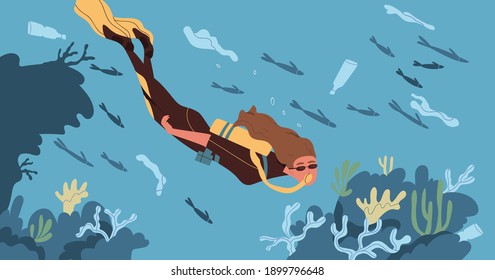 Ecological catastrophe and water contamination concept. Female scuba diver floating in dirty sea or ocean contaminated with plastic garbage. Endangered underwater ecosystem. Flat vector illustration