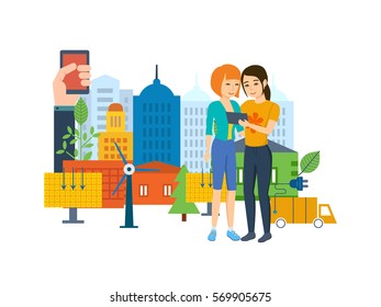Ecological city concept. New eco-friendly technology, infrastructure, communication, technological progress. Vector illustration. Can be used in banner, mobile app, design.