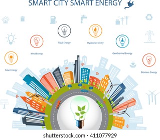 Ecological city concept.Smart city concept and Smart energy with different environmental icons.Smart city concept/ Smart energy