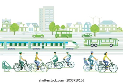 Ciudad ecológica con ciclistas y tren de pasajeros