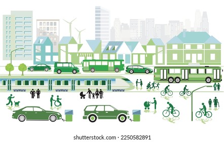 Ecological city with cyclists and passenger train, illustration