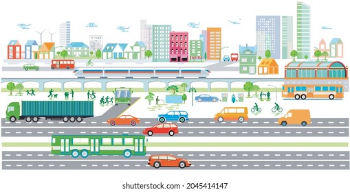 Ecological city with electric vehicles and passenger train, illustration