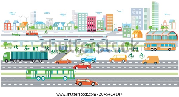 Ecological city with electric vehicles and\
passenger train,\
illustration