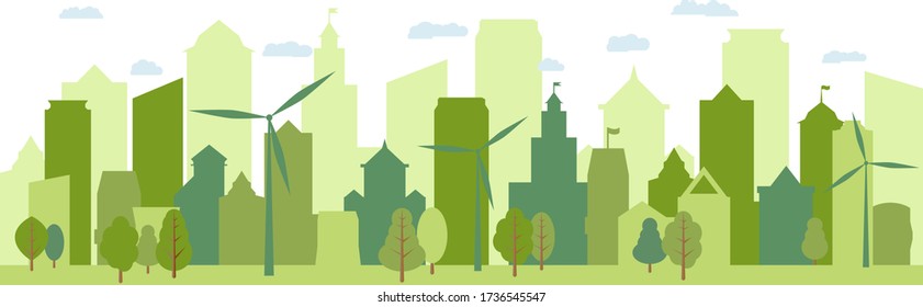 Ecological city and environment conservation. Green city silhouette. Renewable energy with a wind generators. Vector Illustration.