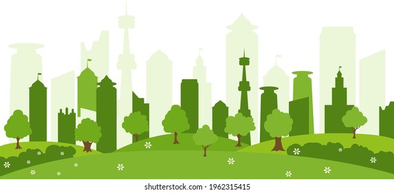 Ökologische Stadt und Umweltschutz. Grüne Silhouette mit Bäumen und schönen Blumen.