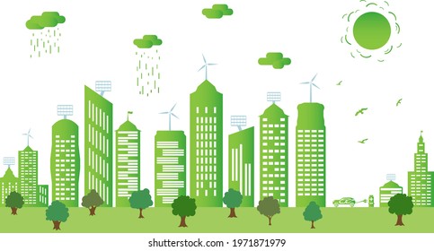 Ecological city and environment conservation. Green city silhouette with trees, wind energy and solar panels. Concept of environment conservation. Vector illustration.