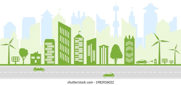 Ecological city and environment conservation. Green city silhouette with trees, wind energy and solar panels. Electric vehicles and charging station. Vector illustration.