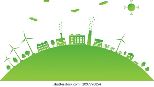 Ecological city and environment conservation. Green city with renewable energy sources. Sustainable development concept. Save the world. Vector illustration.