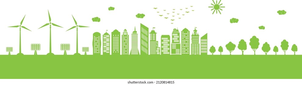 Ecological city and environment conservation. Green city with renewable energy sources. Sustainable development concept. Save the world. Vector illustration.
