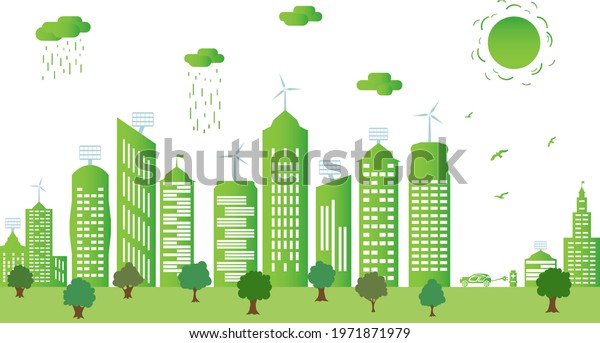 Ecological city and\
environment conservation. Green city silhouette with trees, wind\
energy and solar panels. Concept of environment conservation.\
Vector\
illustration.