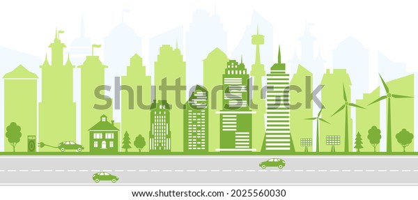 Ecological city and\
environment conservation. Green city silhouette with trees, wind\
energy and solar panels. Electric vehicles and charging station.\
Vector\
illustration.