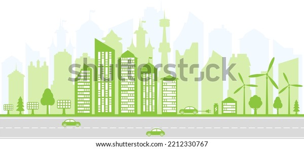 Ecological city and\
environment conservation. Green city silhouette with trees, wind\
energy and solar panels. Electric vehicles and charging station.\
Vector\
illustration.