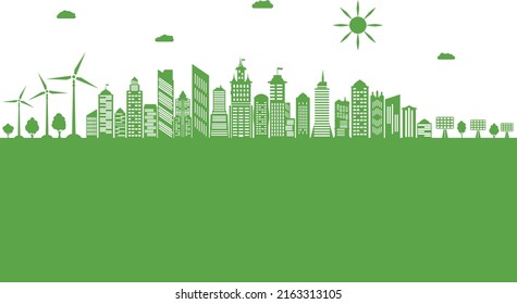 La conservación de la ciudad ecológica y del medio ambiente. Fuentes de energía renovable. Ciudad verde con energía eólica y paneles solares. Piensa en verde. Ilustración vectorial.