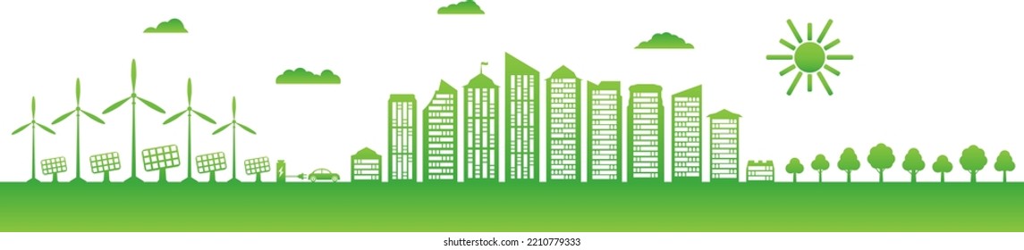 La conservación de la ciudad ecológica y del medio ambiente. Fuentes de energía renovable. Ciudad verde con vehículo eléctrico, estación de carga, energía eólica, paneles solares. Ilustración vectorial.