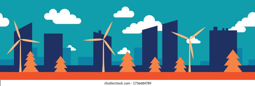 Ecological city, horizontally seamless vector illustration. Environment conservation, green city silhouette. Renewable energy, windmills. EPS 10.