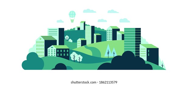 Ecological city landscape with green wild nature and urban houses. Tree plants and hills with green grass. Hot air balloon flying in sky among clouds. Town with greenery vector illustration