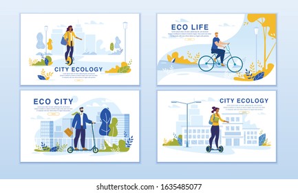 Ecological City. Smart Dwellers Riding Eco-Friendly Transport. Men Women on Unicycle, Self-Balanced Hoverboard, Electric Scooter, Bicycle. Modern and Futuristic Transportation Way. Webpage Banner Set