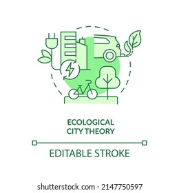 Ecological city theory green concept icon. Sustainability in urban planning abstract idea thin line illustration. Ecocity. Isolated outline drawing. Editable stroke. Arial, Myriad Pro-Bold fonts used