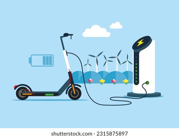 Ecological city transport. Electric scooter battery charger. Public scooter charging station. Electric charging station with wind turbines. Flat vector illustration