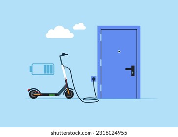 Ecological city transport. Electric scooter charged at home from the electrical mains. Electric wire is plugged into the outlet. Flat vector illustration