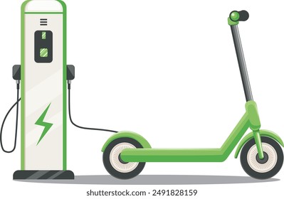 Ecological city transport illustration. Electric scooter charged from electric charging station. Kick scooter of green color, alternative energy, isolated background.