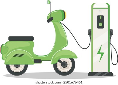 Ecological city transport illustration. Electric scooter of green color charged from charging station. Cartoon green scooter, alternative energy concept design.