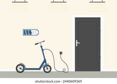 Transporte urbano ecológico, tecnología moderna. Scooter eléctrico cargado en casa desde la red eléctrica. El cable eléctrico está enchufado a la toma. Patada scooter de pie en el pasillo. Ilustración vectorial plana