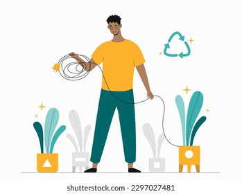 Recursos ecológicos limpios. El hombre organiza plantas en macetas. Fuentes de energía alternativas y estilo de vida sostenible. Atención a la naturaleza y al medio ambiente, cero residuos