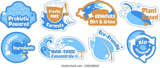 Ecological Cleaner Sticker Set With Liquid Element. Eco Friendly Product Tag Collection With Cruelty Free Formula, Vector Illustration. Non Toxic Concentrate With Probiotic Powered Emblem Design